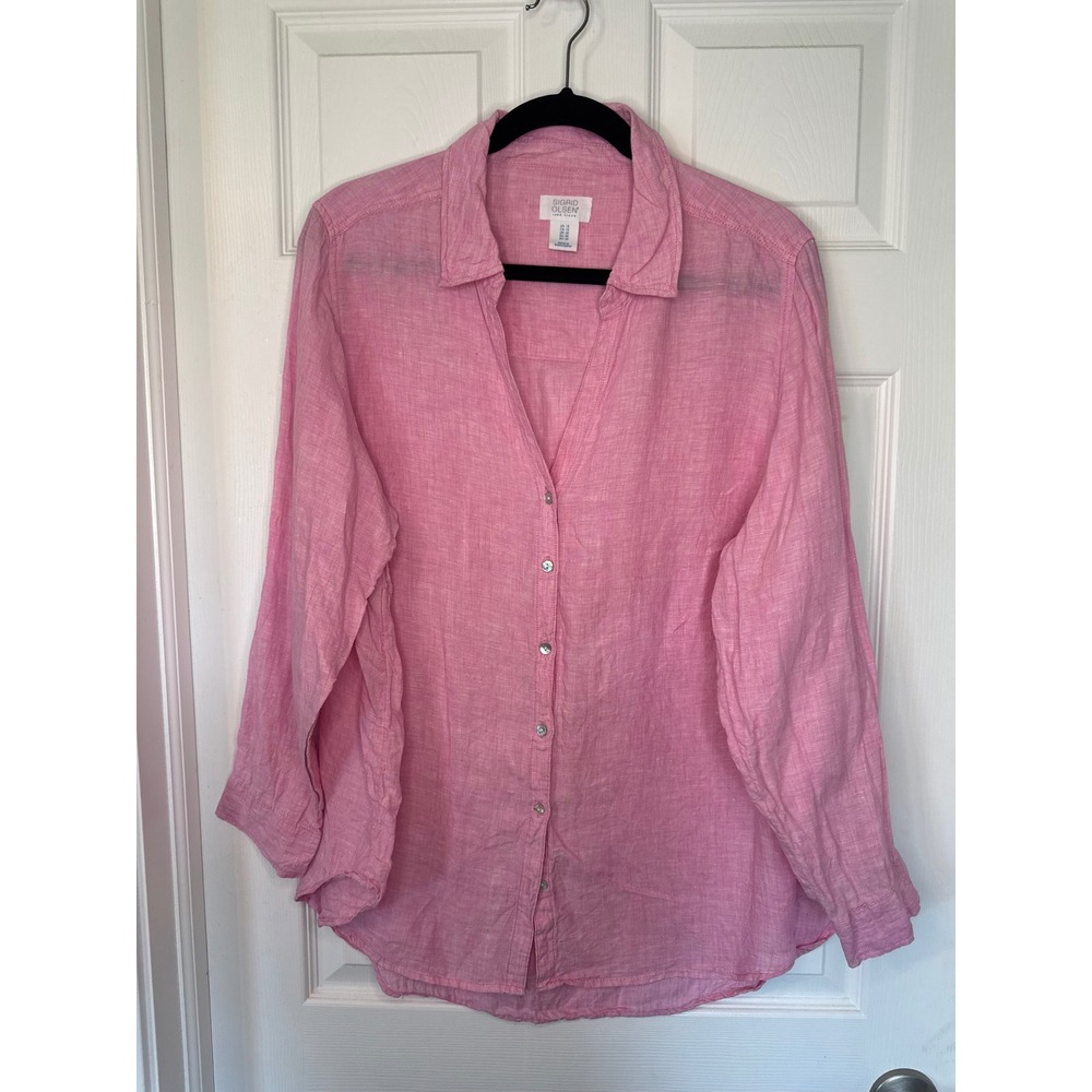 Sigrid Olsen Pink 100% Linen Button Down Shirt Long Sleeve Roll Tab Plus Size 1X
